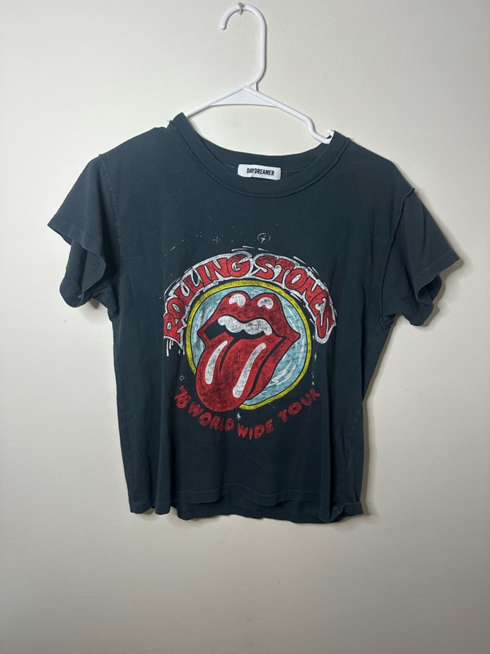 Daydreamer Black Tee with Red Rolling Stones Tongue Graphic